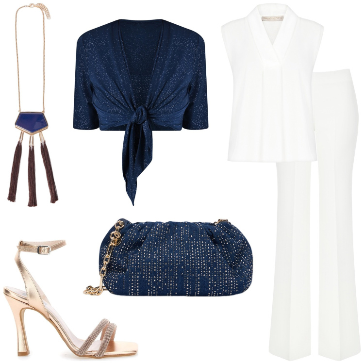 Outfit donna - Invito a cena. Stile Casual chic per Serata fuori. Abbinamento con bluse, bolero, pantaloni a palazzo, clutch, sandali col tacco, ciondoli.
