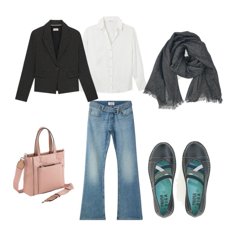 Outfit donna - In ufficio. Stile Casual per Ufficio. Abbinamento con jeans a zampa, camicie, ballerine, blazer, foulard, borse a mano.