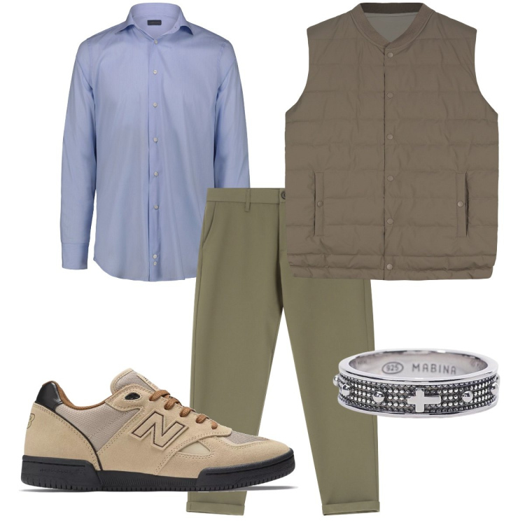 Outfit uomo - Total look #2099773. Stile Casual per Tutti i giorni. Abbinamento con anelli, sneakers, pantaloni chino, gilet, camicie.