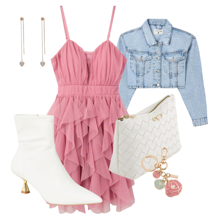 Outfit donna - Romantico sportivo. Stile Romantica per Serata fuori. Abbinamento con stivaletti, vestiti corti, blazer, orecchini, portachiavi, pochette.