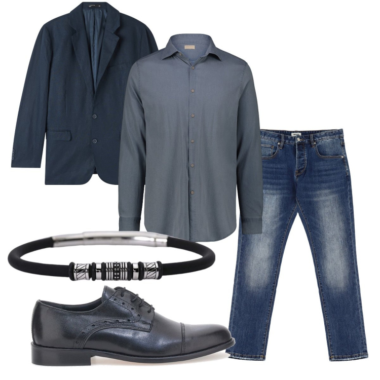 Outfit uomo - Total look #2099776. Stile Trendy per Tutti i giorni. Abbinamento con giacche, braccialetti, jeans dritti, scarpe stringate, camicie.
