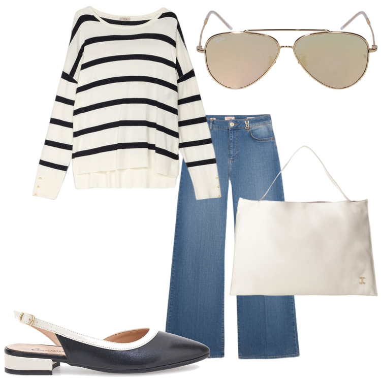 Outfit donna - In città. Stile Casual chic per Ufficio. Abbinamento con borse a spalla, ballerine, maglieria, jeans, occhiali da sole.