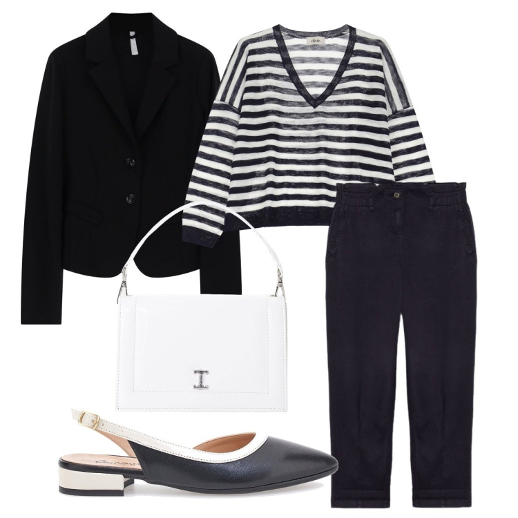 Outfit donna - Total look #2099780. Stile Chic per Tutti i giorni. Abbinamento con borse a tracolla, blazer, maglieria, ballerine, pantaloni.