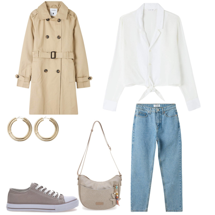 Outfit donna - Battesimo. Stile Casual chic per Ufficio. Abbinamento con jeans mom, camicie, trench, orecchini, borse a tracolla, sneakers.