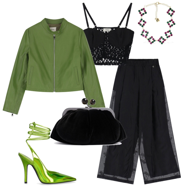 Outfit donna - Inaugurazione locale. Stile Chic per Serata fuori. Abbinamento con giacche, top, pantaloni, collane, décolleté, pochette.