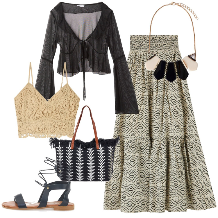 Outfit donna - Terranova. Stile Boho per Tutti i giorni. Abbinamento con bolero, gonne lunghe, top, borse a spalla, sandali, collane.