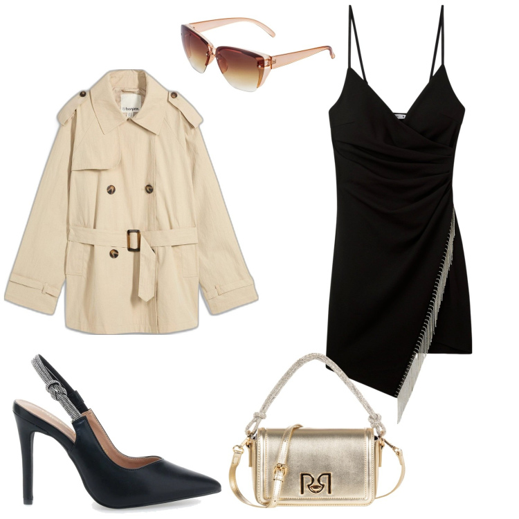 Outfit donna - Sexy. Stile Sexy per Serata fuori. Abbinamento con occhiali da sole, trench, vestiti corti, borse a mano, décolleté.