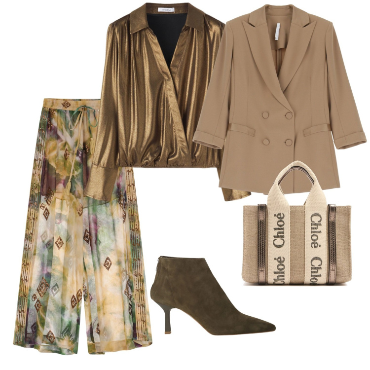 Outfit donna - Colori della terra. Stile Casual chic per Ufficio. Abbinamento con blazer, pantaloni a palazzo, stivaletti, borse a mano, camicie.
