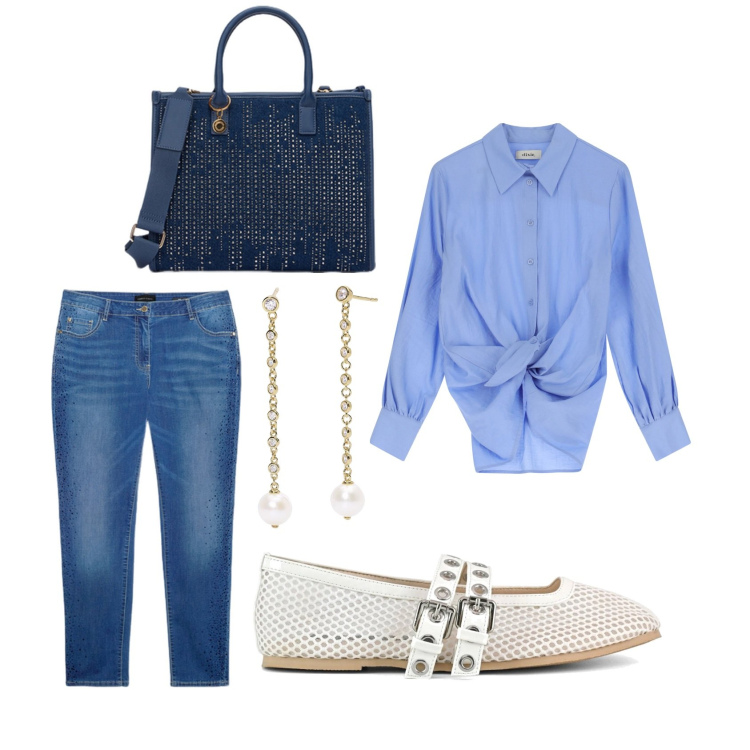 Outfit donna - Giornata in ballerine. Stile Casual per Scuola/Università. Abbinamento con orecchini, camicie, ballerine, jeans skinny, borse a mano.