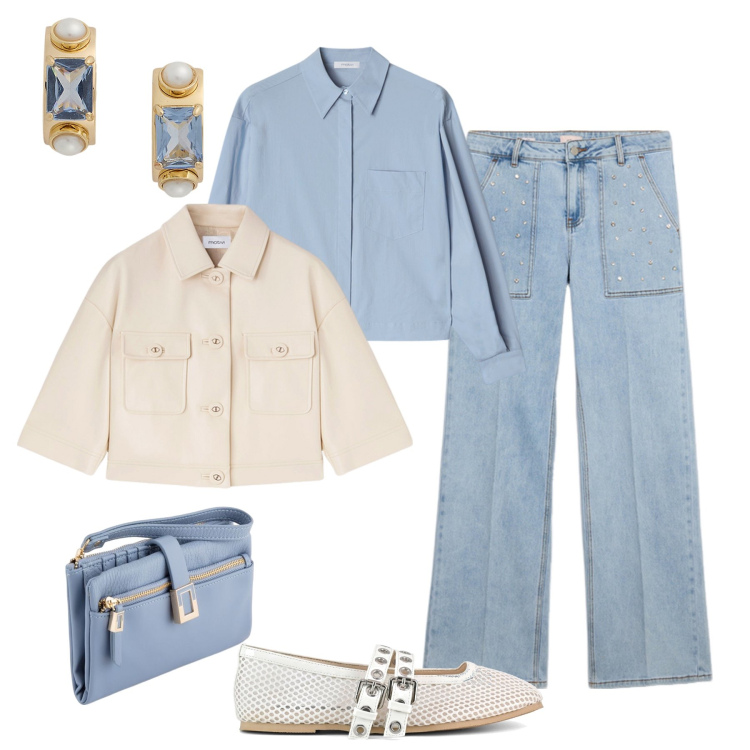 Outfit donna - Le ballerine con i jeans. Stile Trendy per Tutti i giorni. Abbinamento con orecchini, ballerine, jeans, portafogli, blazer, camicie.