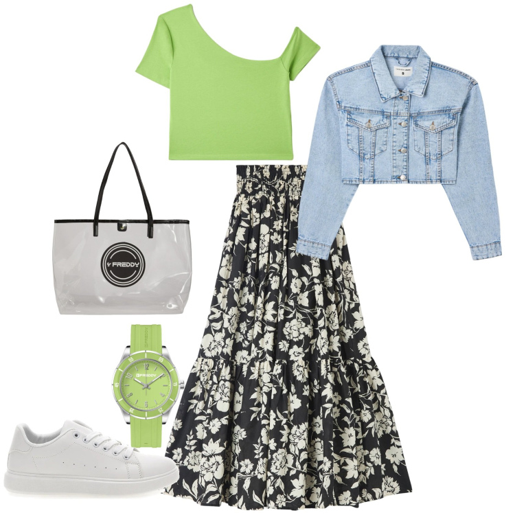 Outfit donna - Tocco di verde. Stile Urban per Tutti i giorni. Abbinamento con gonne lunghe, t-shirt, blazer, shopping bag, orologi, sneakers.
