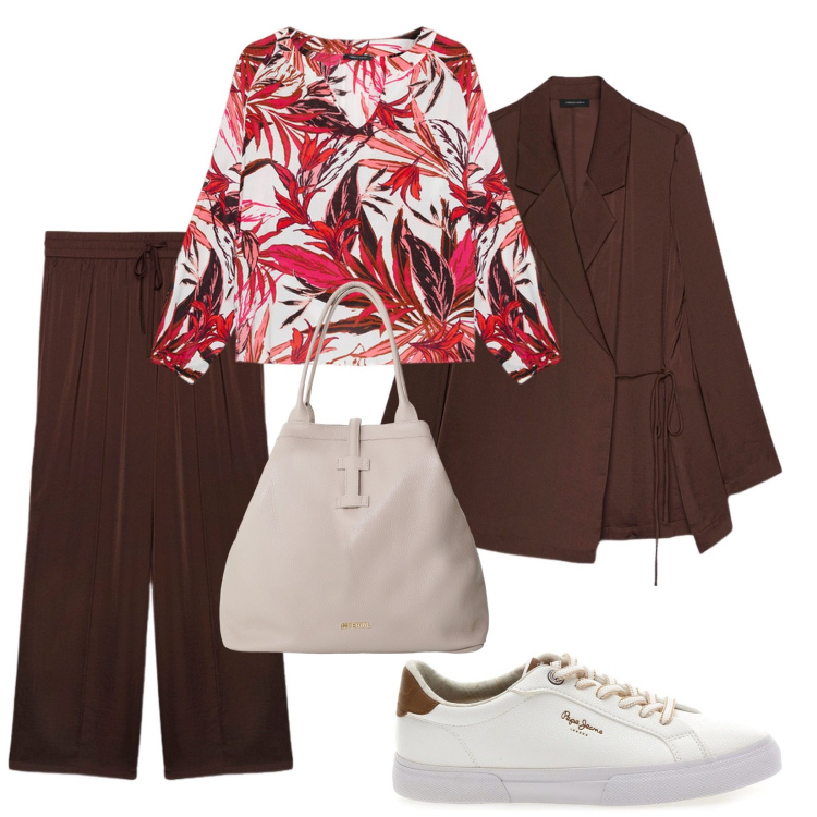 Outfit donna - Comoda per un uscita domenicale. Stile Casual per Tutti i giorni. Abbinamento con borse tote, blazer, bluse, pantaloni a palazzo, sneakers.
