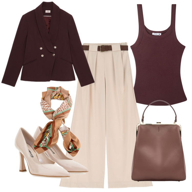 Outfit donna - Primavera sui toni del marrone. Stile Vintage retrò per Serata fuori. Abbinamento con canottiere, pantaloni a palazzo, borse a spalla, décolleté, foulard, blazer.