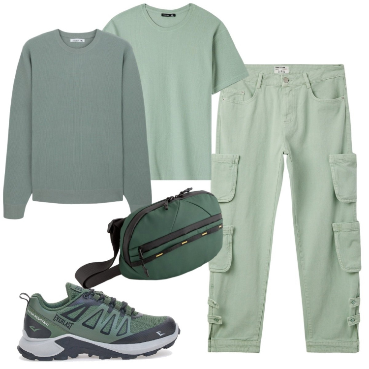 Outfit uomo - Total look casual. Stile Casual per Tutti i giorni. Abbinamento con t-shirt, maglieria, jeans, sneakers, borse sportive.