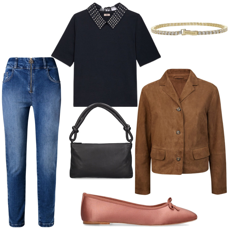 Outfit donna - Il tocco delle ballerine in raso. Stile Casual chic per Tutti i giorni. Abbinamento con braccialetti, jeans skinny, blazer, t-shirt, ballerine, borse a spalla.