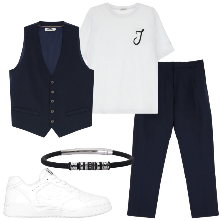 Outfit uomo - Serata con amici. Stile Casual per Serata speciale. Abbinamento con braccialetti, pantaloni, gilet, t-shirt, sneakers.
