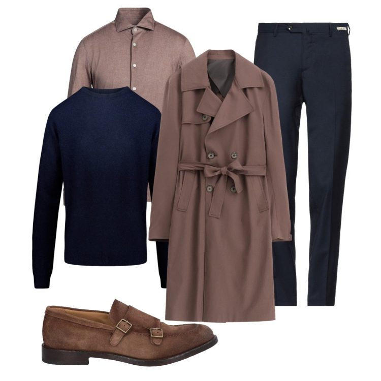 Outfit uomo - Blu e cioccolato il trend della stagione. Stile Business/Elegante per Ufficio. Abbinamento con pantaloni, camicie, scarpe stringate, trench, maglieria.