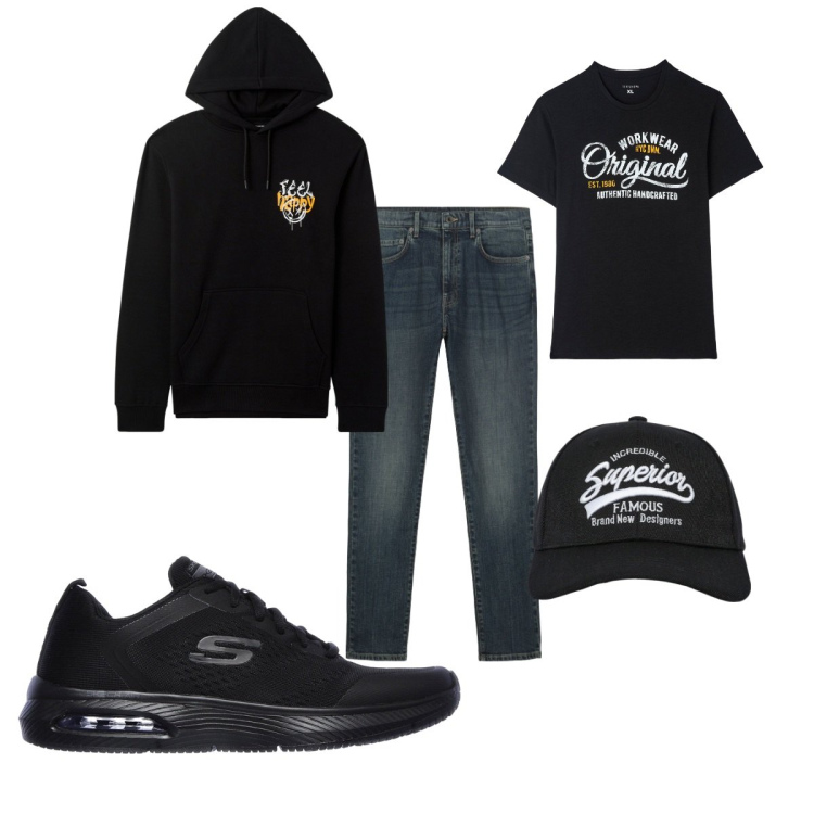 Outfit uomo - Total look #2099856. Stile Casual per Tutti i giorni. Abbinamento con t-shirt, cappelli con visiera, felpe con cappuccio, sneakers, jeans.