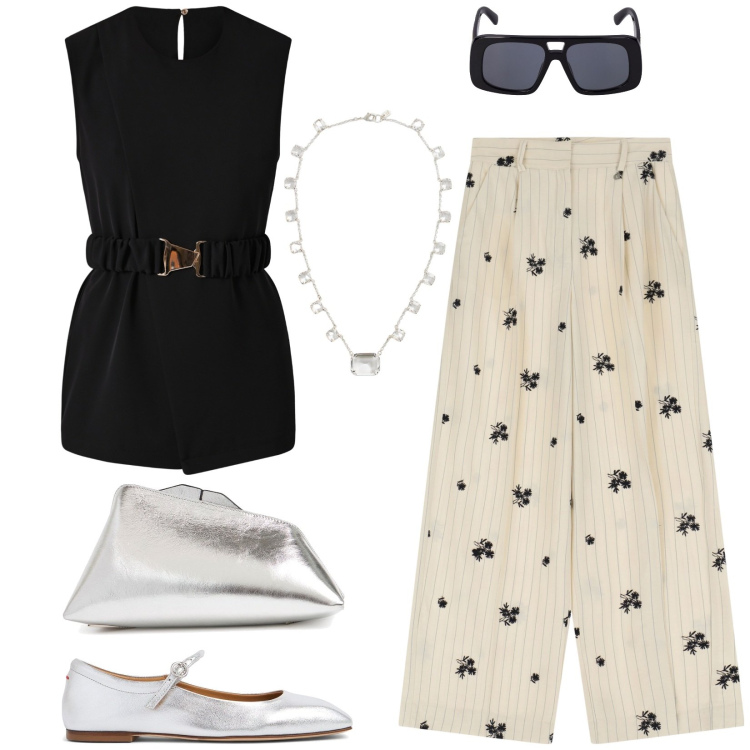 Outfit donna - Ballerine con fibbia. Stile Casual chic per Ufficio. Abbinamento con pantaloni a palazzo, bluse, collane, occhiali da sole, pochette, ballerine.