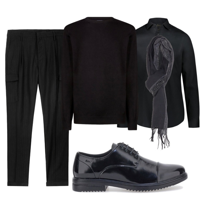 Outfit uomo - Total black. Stile Business/Elegante per Serata speciale. Abbinamento con scarpe stringate, maglieria, camicie, sciarpe, pantaloni cargo.