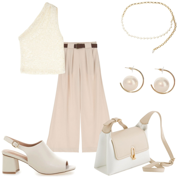 Outfit donna - Glamour per la giornata. Stile Glamour per Tutti i giorni. Abbinamento con collane, orecchini, pantaloni a palazzo, top, sandali col tacco, borse a tracolla.