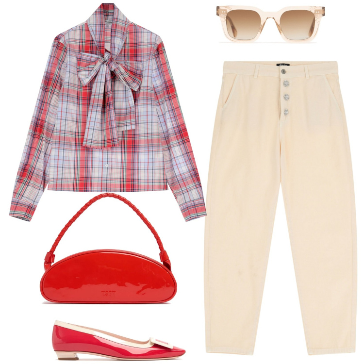 Outfit donna - Le ballerine rosse. Stile Casual chic per Scuola/Università. Abbinamento con camicie, jeans, borse a spalla, ballerine, occhiali da sole.