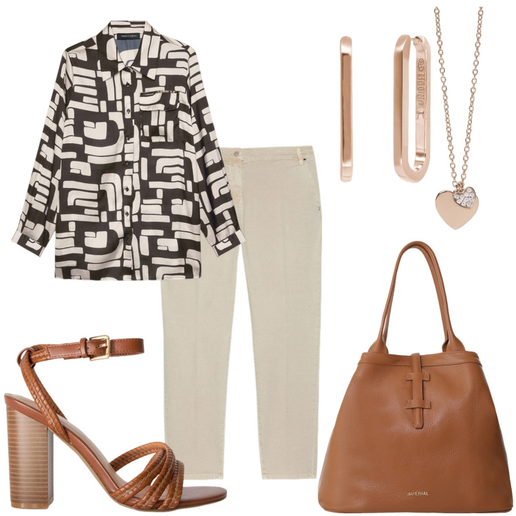 Outfit donna - Ritorno in ufficio. Stile Casual chic per Ufficio. Abbinamento con orecchini, ciondoli, borse tote, camicie, pantaloni chino, sandali col tacco.