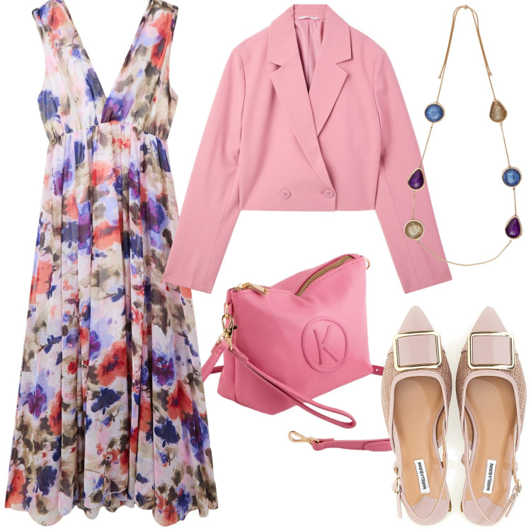 Outfit donna - Vestito floreale. Stile Romantica per Serata fuori. Abbinamento con vestiti lunghi, blazer, ballerine, collane, valigie.