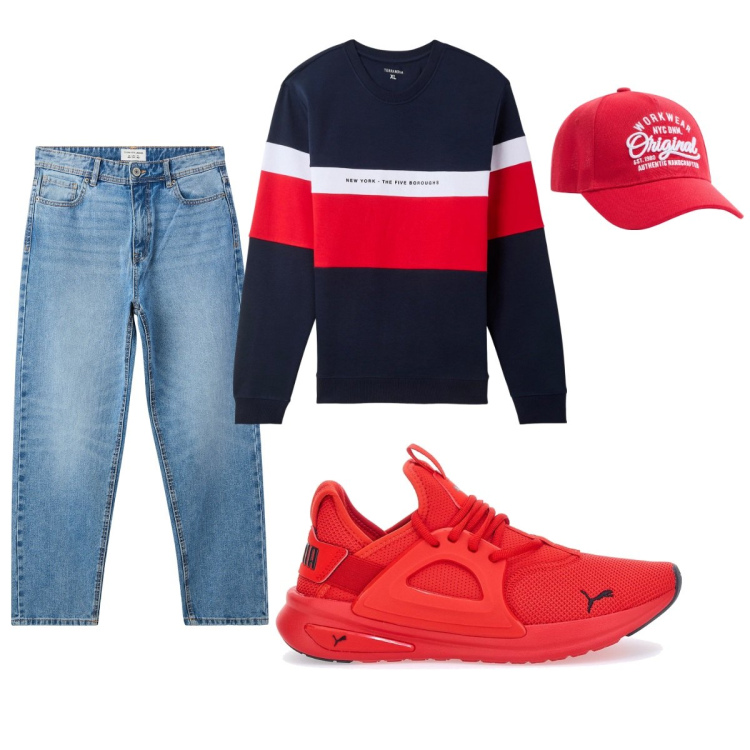 Outfit uomo - Total look #2099875. Stile Casual per Tutti i giorni. Abbinamento con cappelli, jeans, felpe con cappuccio, sneakers.