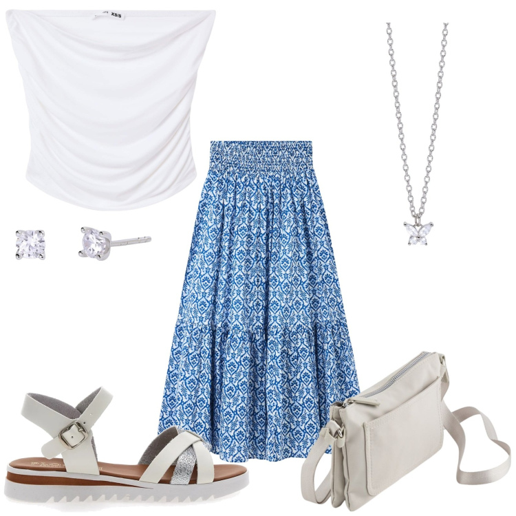 Outfit donna - Sarà una bella giornata. Stile Casual chic per Tutti i giorni. Abbinamento con gonne lunghe, top, orecchini, collane, sandali, borse a tracolla.