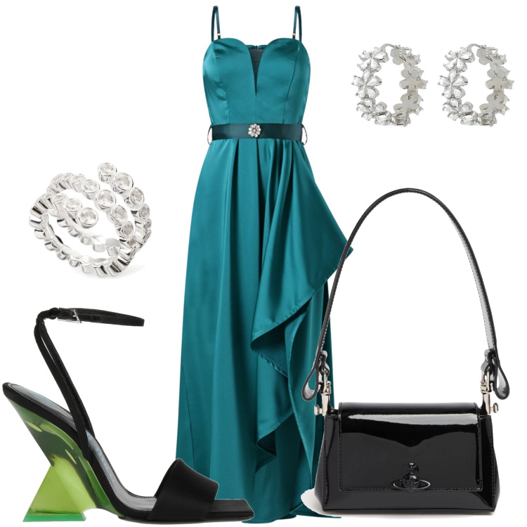 Outfit donna - Serata chic. Stile Chic per Serata fuori. Abbinamento con orecchini, sandali in pelle, vestiti lunghi, anelli, borse a spalla.