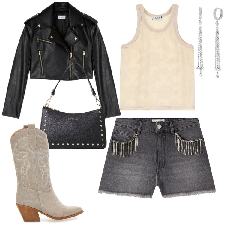 Outfit donna - Serata. Stile Rock per Serata fuori. Abbinamento con shorts, orecchini, top, borse a spalla, stivaletti texani, blazer.