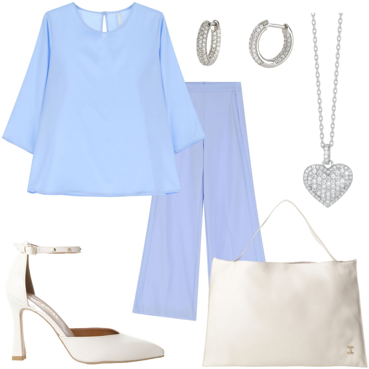 Outfit donna - Il pomeriggio con la mia amica. Stile Glamour per Tutti i giorni. Abbinamento con orecchini, collane, pantaloni a palazzo, bluse, décolleté, borse a spalla.