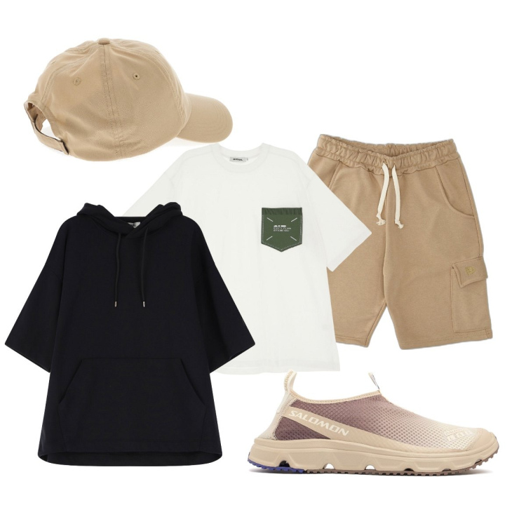 Outfit uomo - Casual. Stile Casual per Tutti i giorni. Abbinamento con t-shirt, felpe con cappuccio, pantaloni corti, cappelli, sneakers.
