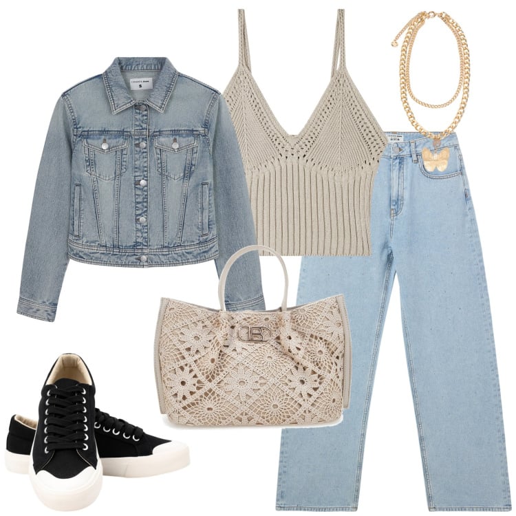 Outfit donna - City. Stile Casual per Tutti i giorni. Abbinamento con jeans, top, blazer, sneakers, borse a tracolla, collane.