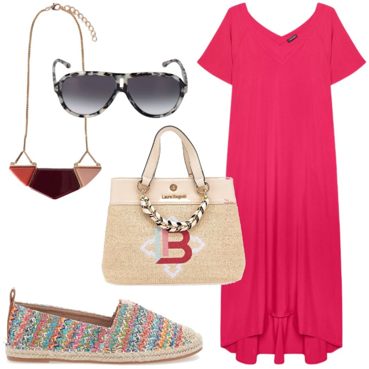 Outfit donna - City. Stile Casual chic per Tutti i giorni. Abbinamento con espadrillas, vestiti lunghi, borse a mano, occhiali da sole, ciondoli.