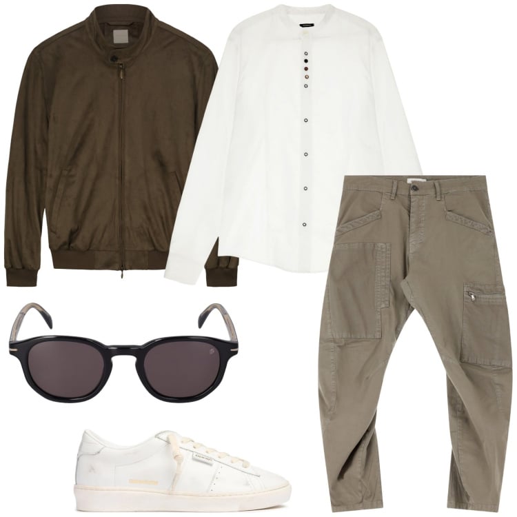 Outfit uomo - Out with Friends. Stile Trendy per Serata speciale. Abbinamento con pantaloni cargo, camicie, giacche, sneakers, occhiali da sole.