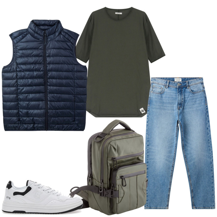 Outfit uomo - School. Stile Casual per Tutti i giorni. Abbinamento con jeans, piumini, t-shirt, sneakers, borse sportive.