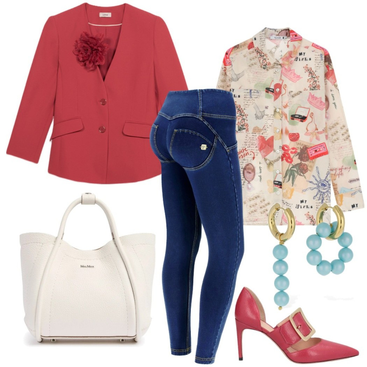 Outfit donna - La giacca con il fiore all\' occhiello. Stile Trendy per Serata fuori. Abbinamento con décolleté, camicie, jeggings, blazer, orecchini, borse a mano.