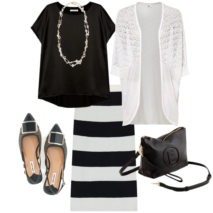 Outfit donna - Il bianco e nero. per Tutti i giorni. Abbinamento con cardigans, gonne longuette, ballerine, valigie, collane, bluse.