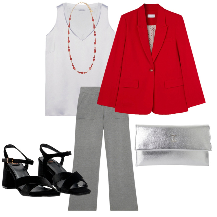 Outfit donna - Mai senza collana. per Ufficio. Abbinamento con pochette, top, collane, pantaloni a palazzo, blazer, sandali col tacco.