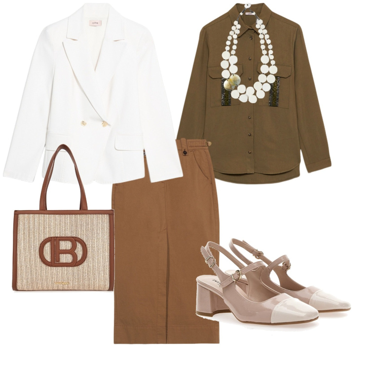 Outfit donna - In ufficio con la giacca bianca. per Ufficio. Abbinamento con décolleté, borse a spalla, camicie, gonne, ciondoli, blazer.