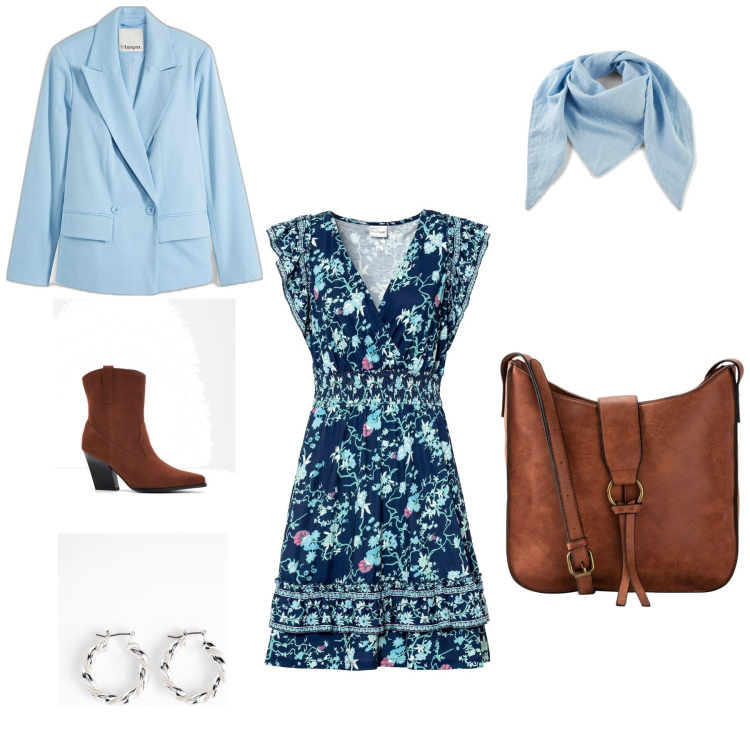 Outfit donna - Va bene così!. Stile Casual per Tutti i giorni. Abbinamento con vestiti, borse a tracolla, blazer, orecchini, stivaletti texani, foulard.