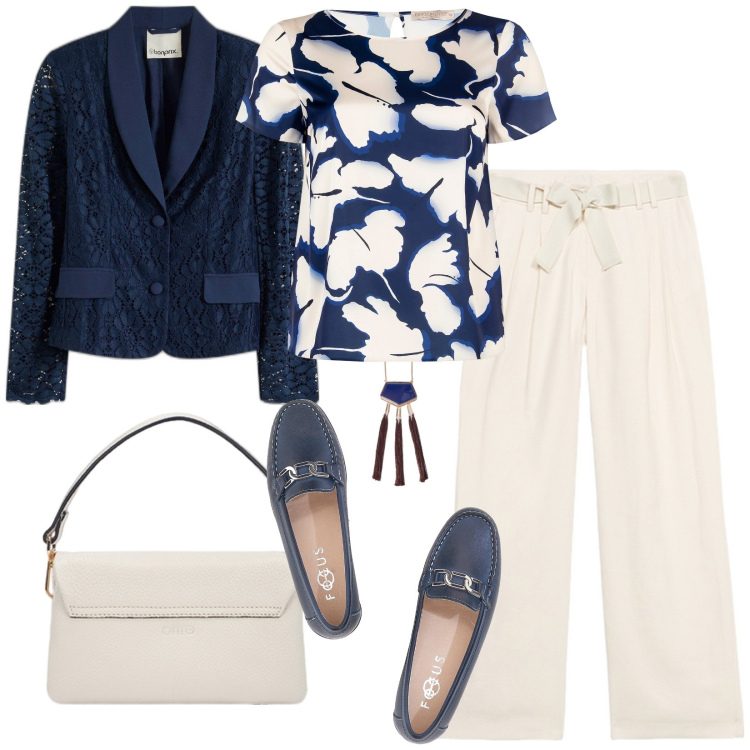 Outfit donna - Con il pizzo in ufficio. Stile Casual chic per Tutti i giorni. Abbinamento con blazer, bluse, mocassini, pantaloni a palazzo, borse a tracolla, ciondoli.