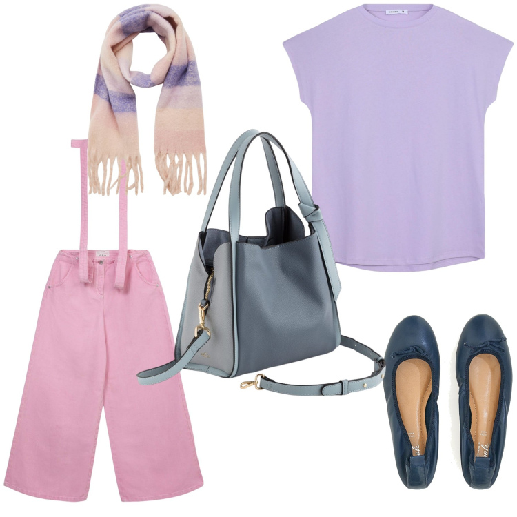 Outfit donna - Due passi al sole. Stile Trendy per Tutti i giorni. Abbinamento con sciarpe, t-shirt, jeans a zampa, ballerine, borse a mano.