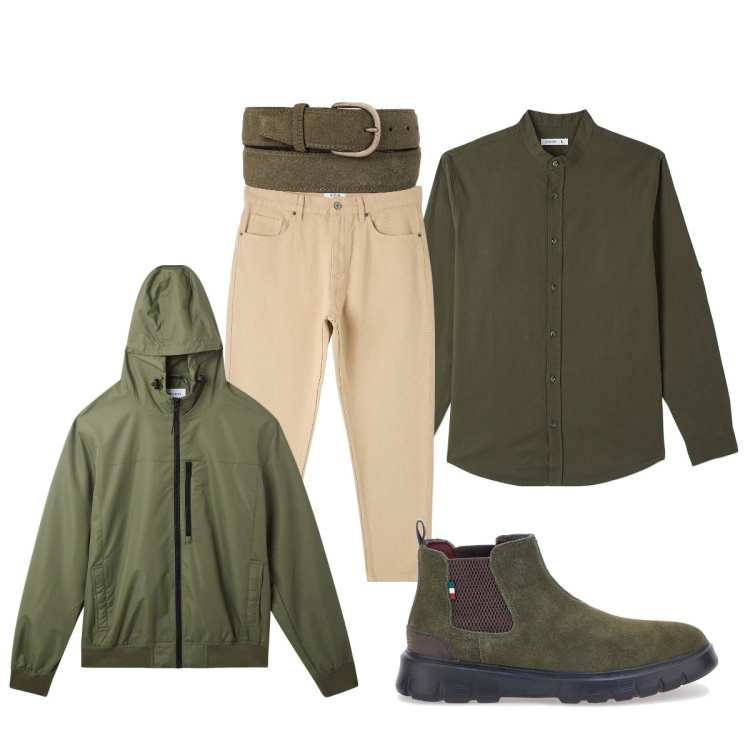 Outfit uomo - Verde oliva. Stile Casual per Tutti i giorni. Abbinamento con camicie, pantaloni, giacche, cinture, stivali e stivaletti.