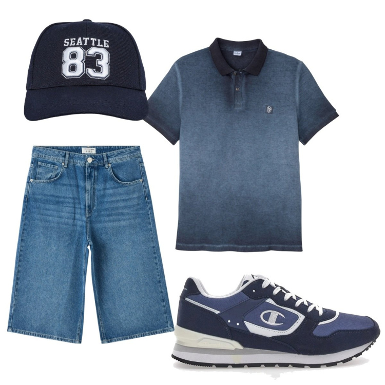 Outfit uomo - Le sneakers Champion. Stile Casual per Tutti i giorni. Abbinamento con polo, pantaloni corti, cappelli, sneakers.