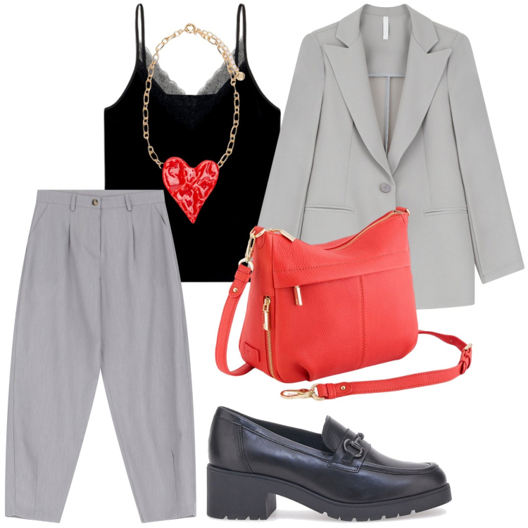 Outfit donna - Un cuore di collana. Stile Glamour per Ufficio. Abbinamento con blazer, pantaloni, mocassini, ciondoli, top, borse a tracolla.