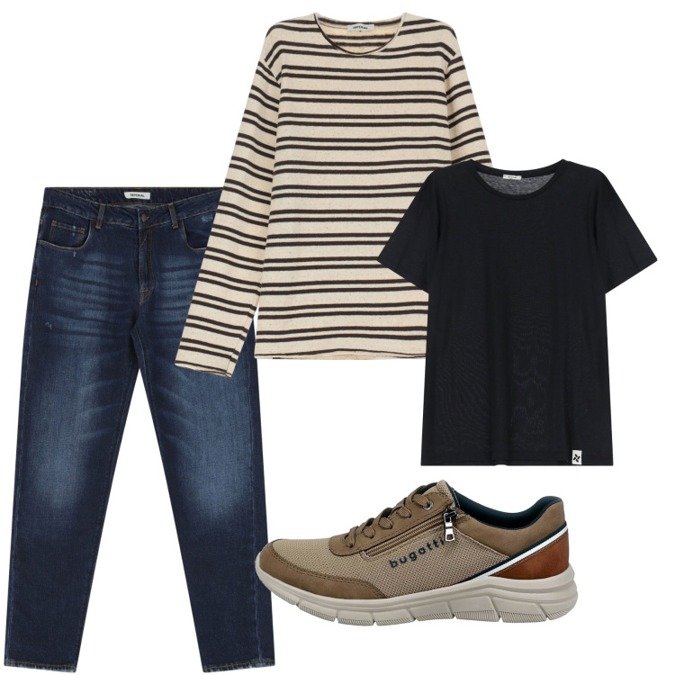 Outfit uomo - Righe e jeans. Stile Casual per Tutti i giorni. Abbinamento con jeans dritti, felpe, t-shirt, sneakers.