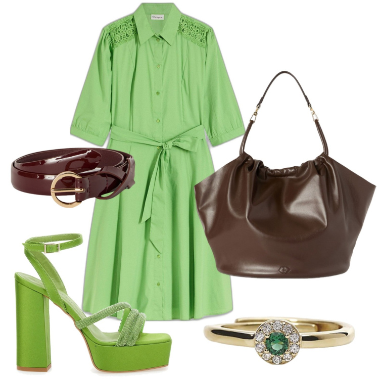 Outfit donna - Il vestito verde erba. Stile Glamour per Ufficio. Abbinamento con vestiti chemisier, anelli, sandali col tacco, borse a secchiello, cinture.